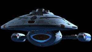 A forward view of an Intrepid-class starship, showing off her sleek but traditional design.