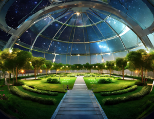 A large wide-open park with sports fields and lush gardens contained within a massive glass dome showing only stars beyond; on a futuristic space station