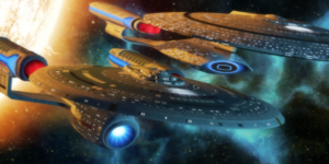 An Ambassador-class vessel alongside a Galaxy-class explorer, showing the similarity between the two classes.