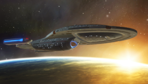 An Intrepid-class ship departing a planet after a survey.