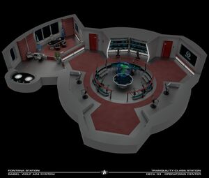 Sector Operations is in one of the taller spires above the station's main body. It provides the admiral with the ability to keep tabs on operations across the Olympia Sector. There are six additional copies of this room on alternating decks down the spire to manage exploratory, strategic, humanitarian, diplomatic, pathfinding, and colonial operations.