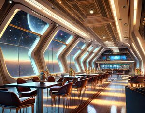 A large, stylish establishment that serves fancy drinks in a wide room with a lot of space with large windows with a view of the stars and deep space; aboard a futuristic space station