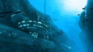 A Starfleet Marine Biology station built into the side of an underwater cliff to study pelagic life.